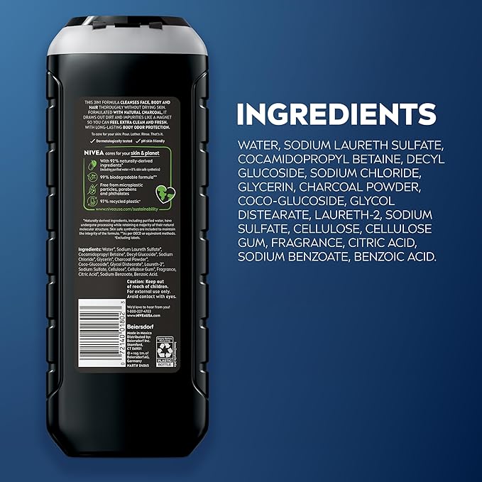 NIVEA MEN Real Madrid Limited Edition Design Active Clean Body Wash with Natural Charcoal for Normal to Oily Skin, 3-in-1 Charcoal Body Wash, Face and Hair, 16.9 Fl Oz Bottle, Pack of 3