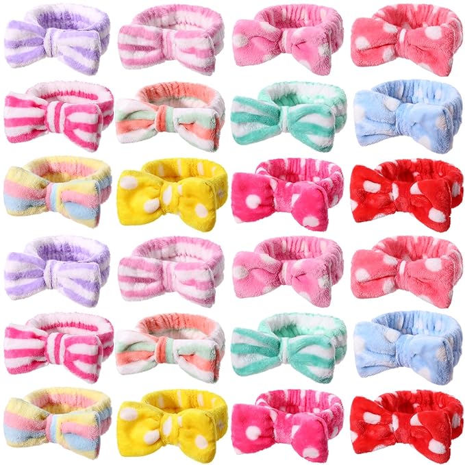 WILLBOND 24 Pieces Spa Headband Bulk Skincare Headbands Face Wash Makeup Hairband Bow Facial Washing Face Head Wraps Adjustable Soft Flannel Towel for Women Shower (Vivid)