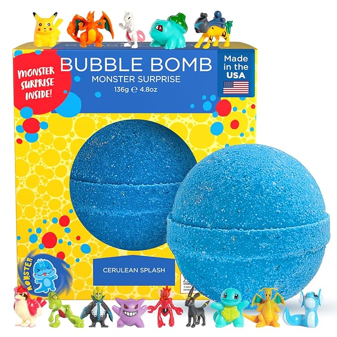 Poke Monster Bath Bomb for Kids with Surprise Toys Inside (1 Pack) - Large Bubble Bath Bombs for Boys & Girls - Skin-Safe, Made in USA, Birthday Gift for Kids by Two Sisters
