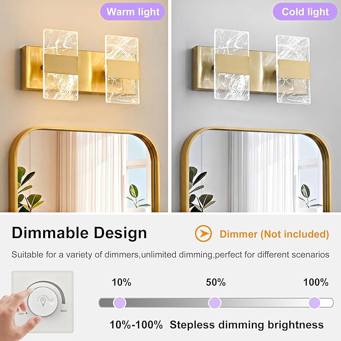 Modern LED Bathroom Light Fixtures Dimmable 2-Light Gold Vanity Light, 5CCT Adjustable Lighting Fixture Vanity Lights Over Mirror, Smoked Acrylic LED Vanity Lights for Bathroom