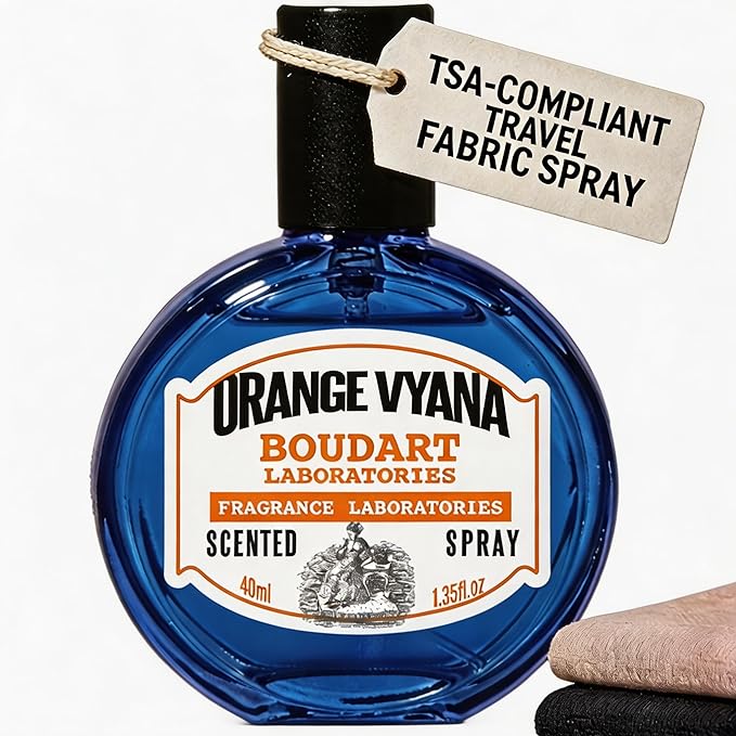 Travel Fabric Refresher Spray – Odor Eliminator & Wrinkle Release, TSA Approved 40ml for Gym Hotel Office Clothes Sofa CurtainsOrange Vyana Scent – Boudart Labs