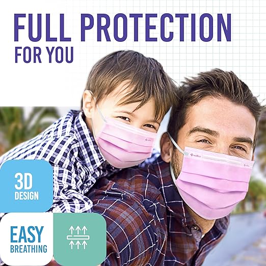 Medtecs Kids Face Mask Disposable - 2 Sizes Option (Child/Youth) 50 PCs - Comfy 3-Ply Breathable Children Masks, The Better & Safer Choice - Child | Pink