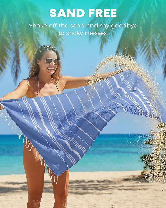 2 Packs Cotton Turkish Beach Towels Quick Dry Sand Free Soft Absorbent Extra Large Xl Big Blanket Adult Oversized Bath Pool Swim Towel Lightweight Thin Sandless Fast Drying Compact No Sand Packabl