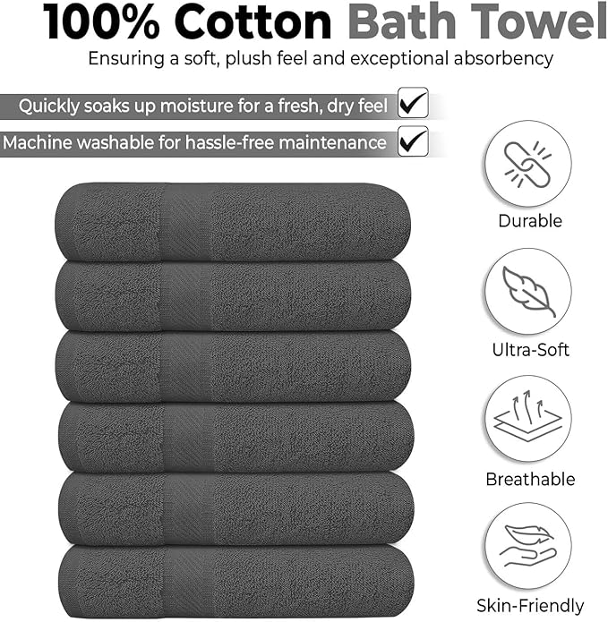 KAHAF COLLECTION 6 Pack Bath Towels Set (27 x 54 Inches) 100% Ring Spun Cotton, Lightweight, Quick Dry, Highly Absorbent Towels (Grey, (27x54) Inches)