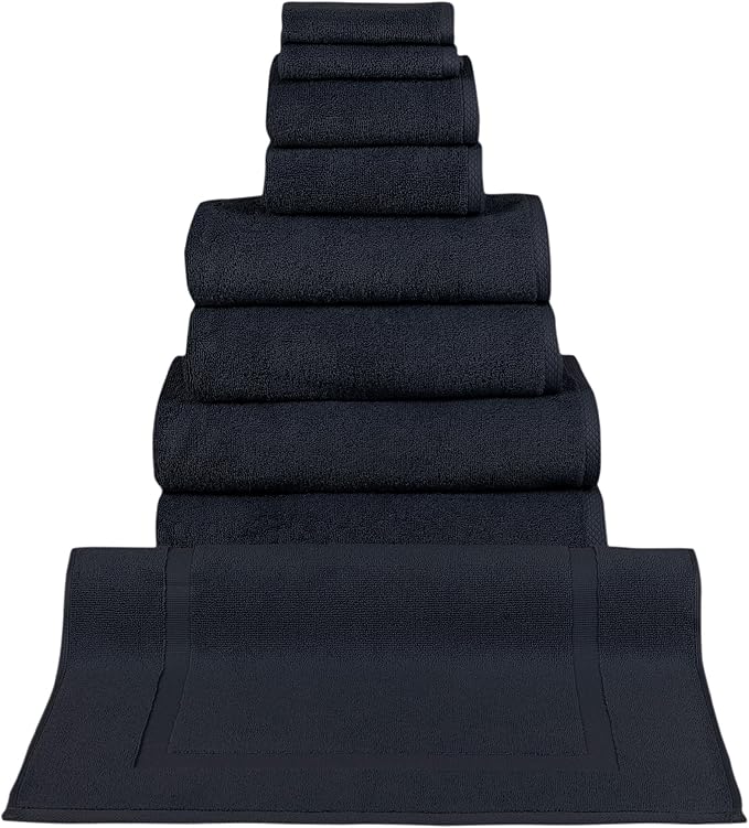 Classic Turkish Towels CTT - 9 Piece Premium Towel Set, 100% Turkish Cotton, Highly Absorbent & Comfy, Includes 2 Bath Towels, 2 Hand Towels, 2 Washcloths, 2 Bath Sheets & 1 Bath Mat | (Black)