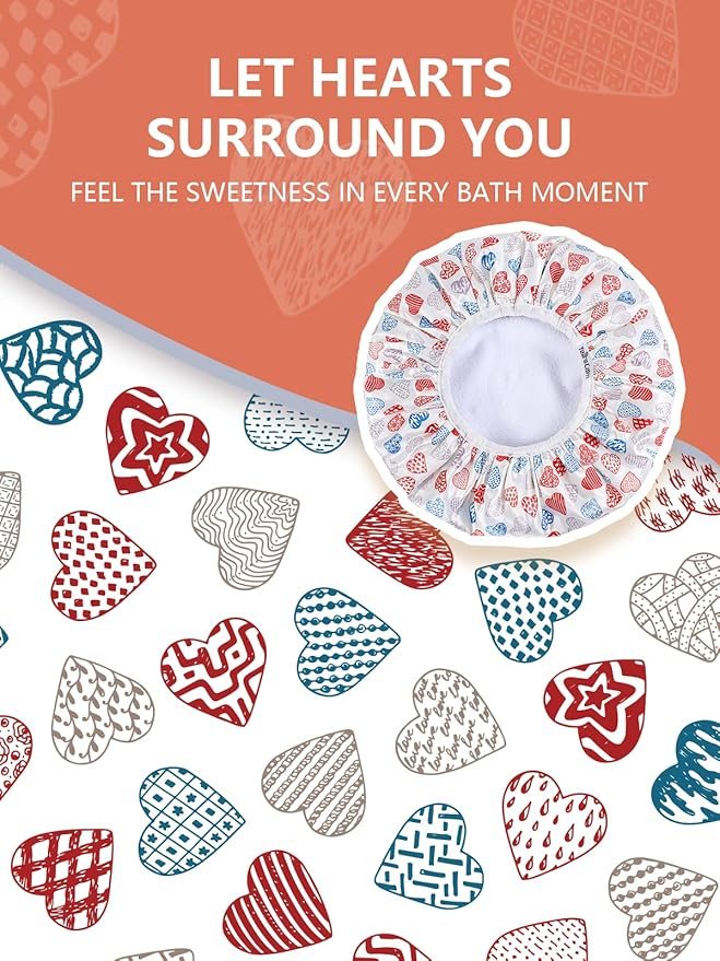 Years calm Terry Lined Shower Cap, Triple Layer Heart Motifs,Waterproof Reusable Elastic,Hair Shower Cap for Women,Terry Cloth Shower Caps for Spa,Clean,Trave (White, One Size)