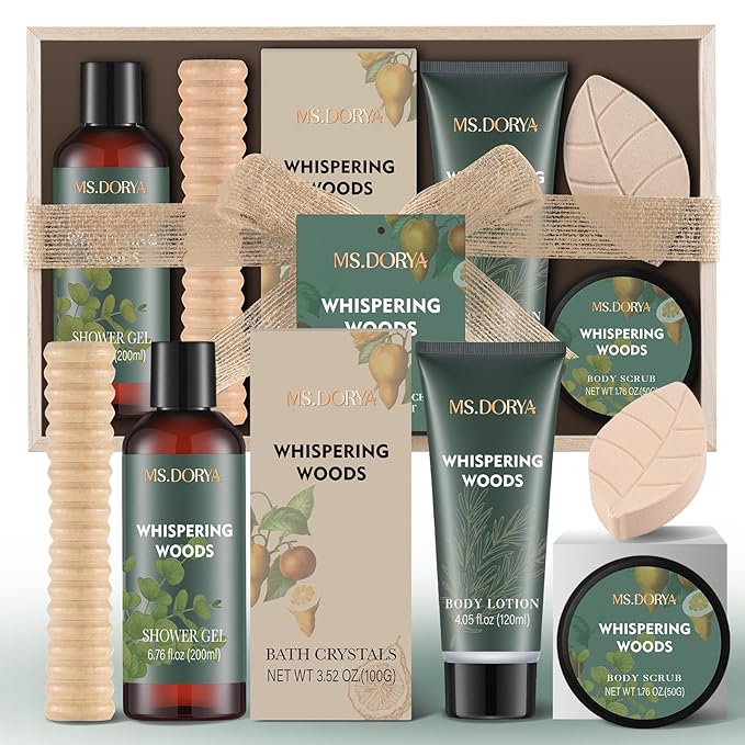 Mothers Day Spa Gift Set for Her - 6Pcs Bath and Body Kit with Shower Gel, Body Lotion, Bath Salt, Scrub, Massage Stick - Whispering Woods Spa Basket for Women Mom Wife Girlfriend