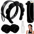 Real Perfection Spa Headband for Washing Face, Skincare Headband Wristband Set for Women, Reusable Machine-Washable Makeup Remover Towel Cloth, 1oz Small Spray Bottle with Travel Makeup Bag - Black