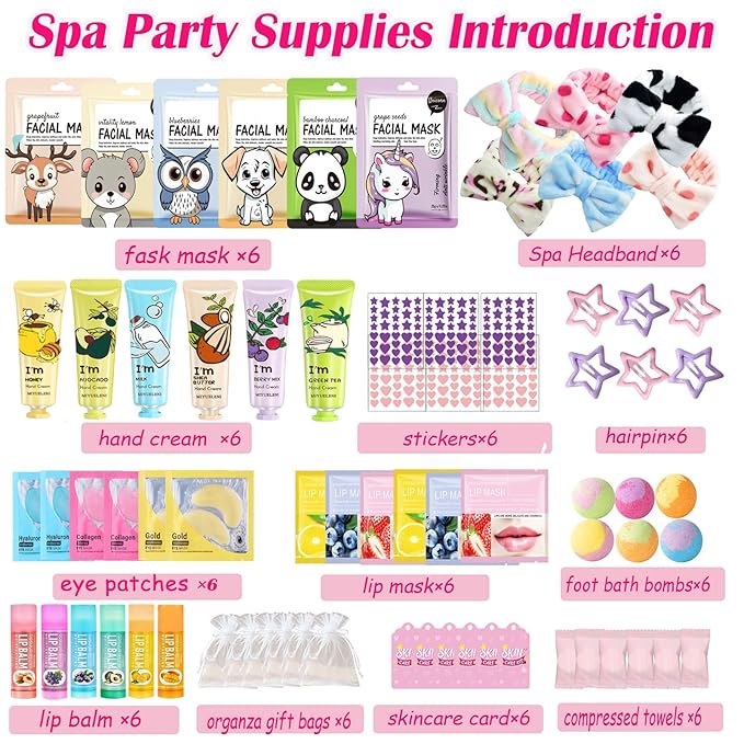 72PCS Spa Party Supplies for Women, Spa Party Favors Include Face Masks,Hand Cream,Spa Headband, Foot Bath Bombs,Spa Birthday and Sleepover Party Supplies for Women