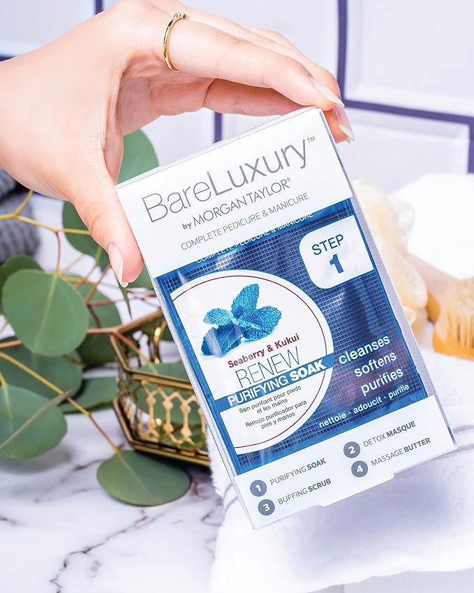 Morgan Taylor BareLuxury 4-Step Complete Pedicure & Manicure Packs - Complete Nail Care Kit with Soak, Masque, Scrub & Massage Butter, Professional Spa-Quality Treatments (Renew Seaberry & Kukui)