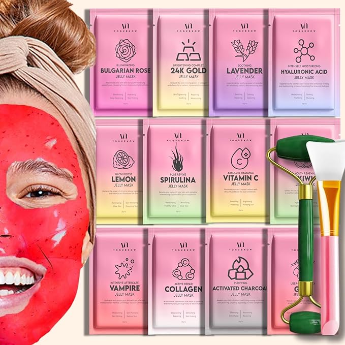 Jelly Mask for Facials - 12 Flavors Hydrating & Brightening Jelly Face Masks | Free Jade Roller & Spatula | Rose, Lavender, Hyaluronic Acid, 24K Gold face mask skin care | Mothers Day Gift for Mom