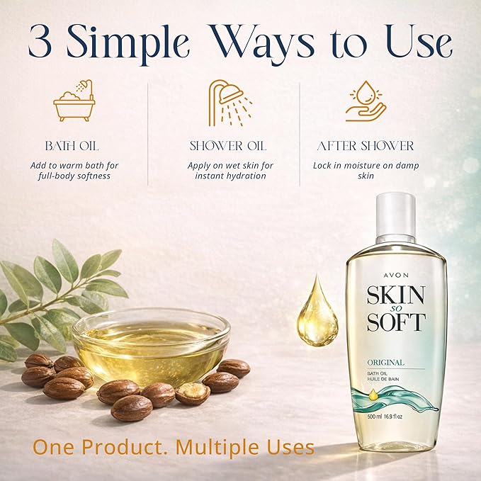 AVON Skin So Soft Original Bath Oil for Women, Moisturizing Body Oil with Jojoba Oil for Dry Skin, 16.9 fl oz Hydrating Shower Oil; Perfect as an After-Shower Skin Softener for All Adults