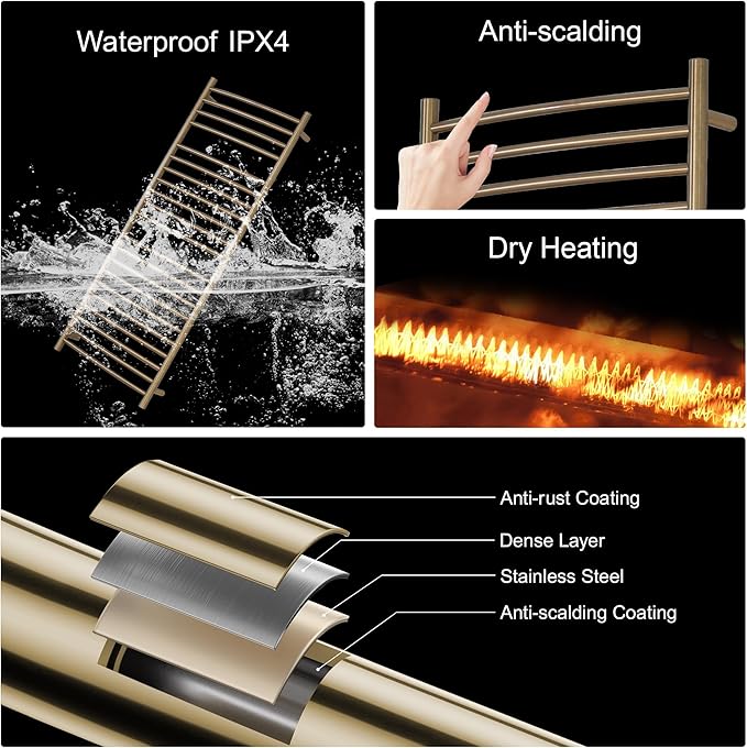 Electric Towel Warmer - Wall Mounted Bathroom Heated Towel Rack, Plug-in Design & Brushed Stainless Steel Finish Gold 21 Bar