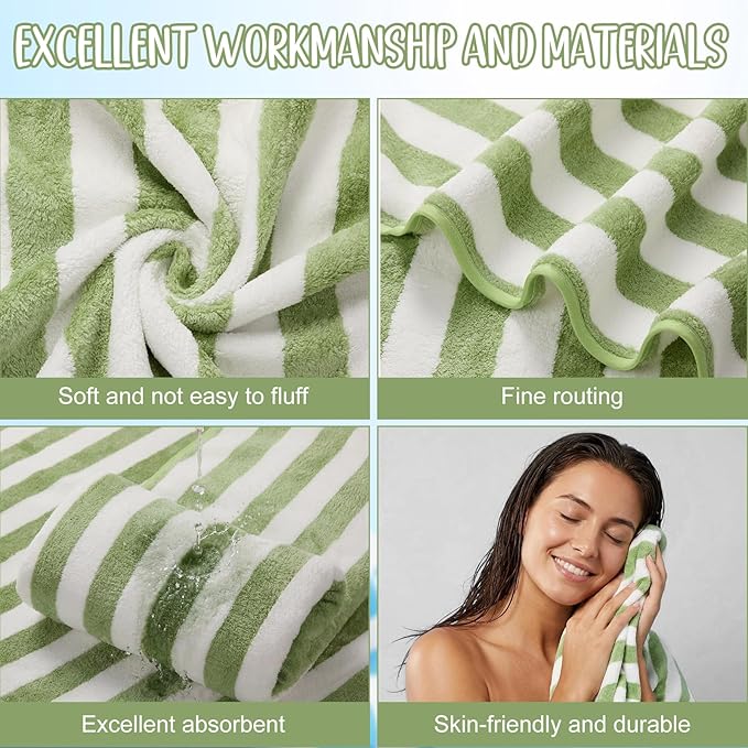SmoothNovelty 16 Pack Microfiber Bath Towels Bulk 27'' x 60'' Oversized Size Bath Towel Highly Absorbent Extra Large Soft Drying for Beach Shower Summer Salon Sport Gym Party (Stripe,Green)