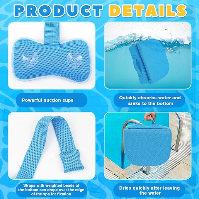 Yerliker 2 Pcs Foldable Hot Tub Booster Seat for Adults Adjustable 2 Heights up to 6.3" with Bath Pillow Weighted Spa Cushion Mesh Inflatable Hot Tub Seat Accessories for Spa Bathtub Pool