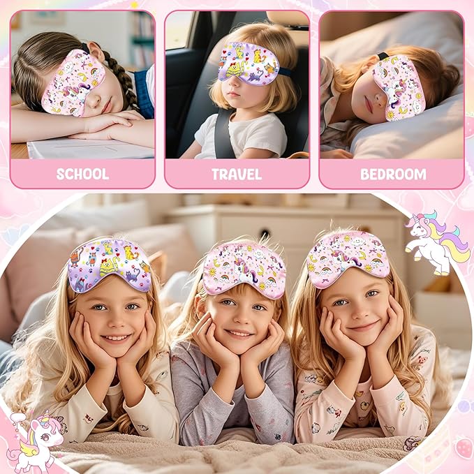 2 Pcs Sleep Mask for Kids Girls, Silk Eye Covers for Sleeping, Adjustable Strap & Light Blocking Design, Children's Bedtime Blindfold for Travel and Home Use with Gift Box (Rainbow Unicorn)