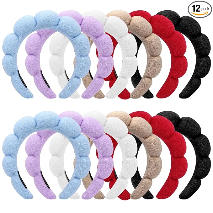 12 Pcs Spa Headbands for Women, Makeup Headbands for Women Girls, Puffy Sponge Bubble Headband for Washing Face, Soft Hair Band for Beauty Routines (Terry Cloth, 6 colors)
