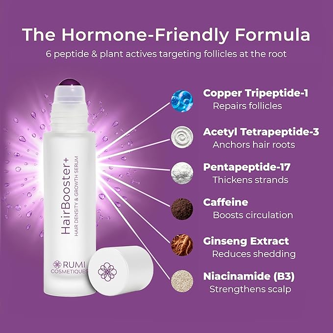 Rumi Cosmetiques HairBooster+ Hair Growth Serum for Mature Women - Peptide & Caffeine Formula for Thicker, Fuller Hair - Reduces Shedding & Boosts Density - Menopause & Hormone-Safe - Jade Roller