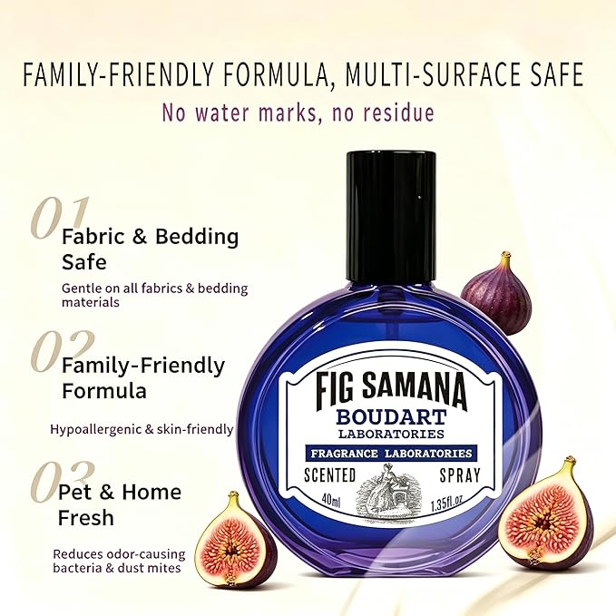 Travel Fabric Refresher Spray – Odor Eliminator & Wrinkle Release, TSA Approved 40ml for Gym Hotel Office Clothes Sofa Curtains, Fig Samana Scent – Boudart Labs