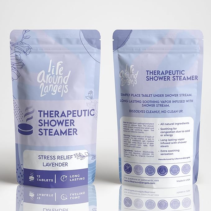 Lifearound2angels Therapeutic Shower Steamer 12 Pack Made in USA Stress Relief Lavender Shower Vapor Shower Bomb Tablets Self Care Relaxation Gifts for Women Spa Christmas Gifts Stocking Stuffer