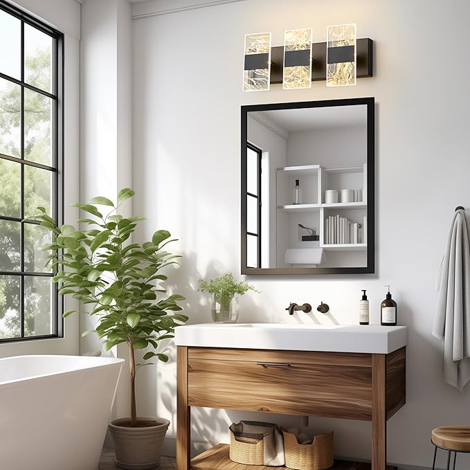 Modern LED Bathroom Light Fixtures Dimmable 3-Light Black Vanity Light, 5CCT Adjustable Lighting Fixture Vanity Lights Over Mirror, Smoked Acrylic LED Vanity Lights for Bathroom