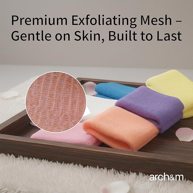 ARCH&M Exfoliating Washcloth Body Scrubber - 35-Inch Japanese & Korean-Style Back Scrubber Towel for Daily Use in Shower, Textured Poly Nylon Body Washcloth for Smoother-Looking Skin, Quick-Dry 3 Pack