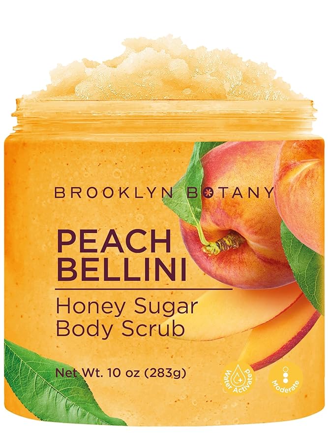 Brooklyn Botany Peach Bellini Honey Sugar Scrub for Body 10 oz – Deeply Hydrating and Gently Exfoliating Body Scrub for Women and Men – Moisturizing and Nourishing the Skin