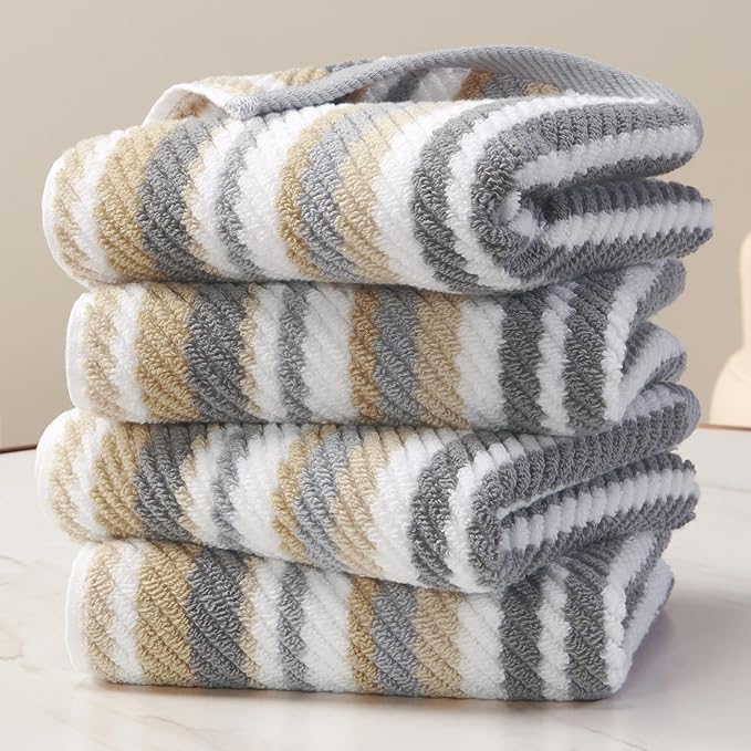 Beige Striped Hand Towels, Bathroom Hand Towels Set of 4, 16"x27" - 100% Cotton | Quick Dry | Absorbent | Light Weight, Soft Towel Set for Showering & Guest, Luxury Towel Gift, Tan and Gray