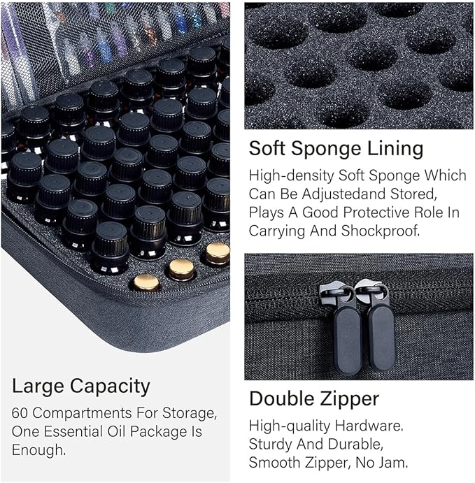 Essential Oils Carrying Case Holds 60 Grids for 1-3ML Roller Bottles 5ml, 10ml, 15ml Bottles Storage Organizer Bag Hard Shell EVA, Essential Oil Bag with Detachable Sponge Pad Black