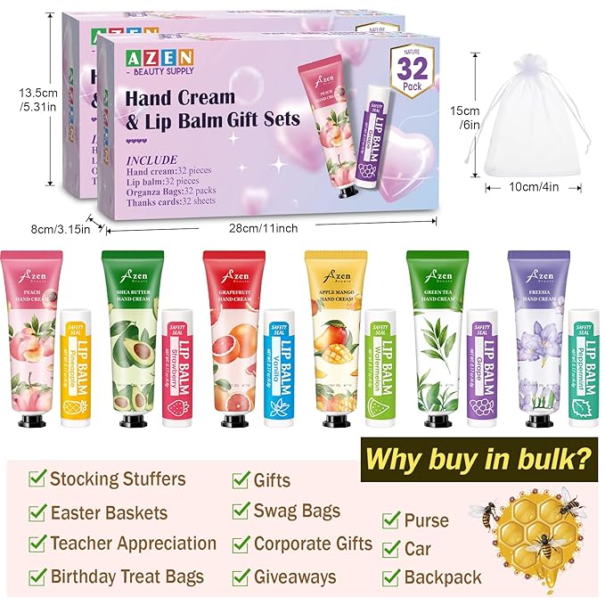AZEN 64 Sets Bulk Gifts, Hand Cream and Lip Balm Bulk Set with Organza Bag Thank You Card, Baby Shower Wedding Gift for Guests, Bridal Wedding Favors for Guests, Mothers Day Gifts Stocking Stuffers