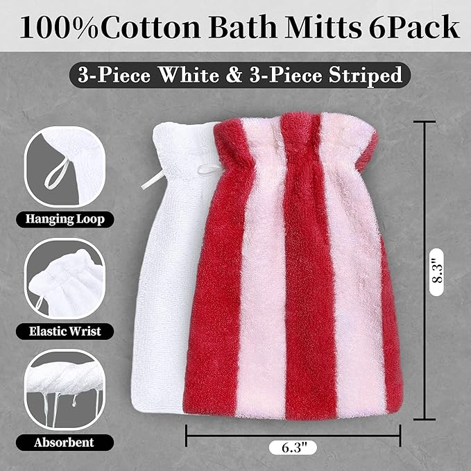 VOOVA & MOVAS 6-Pack Bath Mitts for Shower, 100% Cotton Soft Absorbent Wash Cloths with Hanging Loop, 8.3x6.3 Inch European Style Bathing Gloves for Body & Spa, Pink Red Stripe & White
