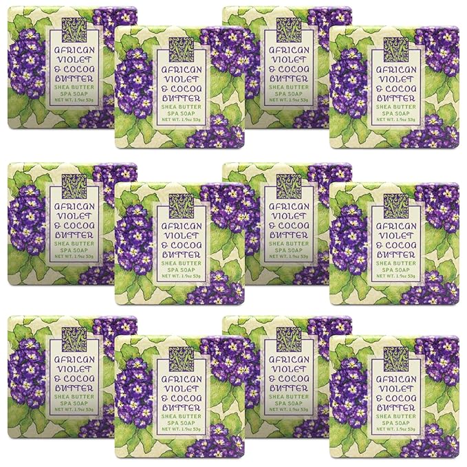 Greenwich Bay Mini Botanical Soap Bars – 12 Pack 1.9 oz Each – Individually Wrapped Guest Soaps for Airbnb, Spa, Travel, Bath – Travel Size Bar Soap Set, African Violet