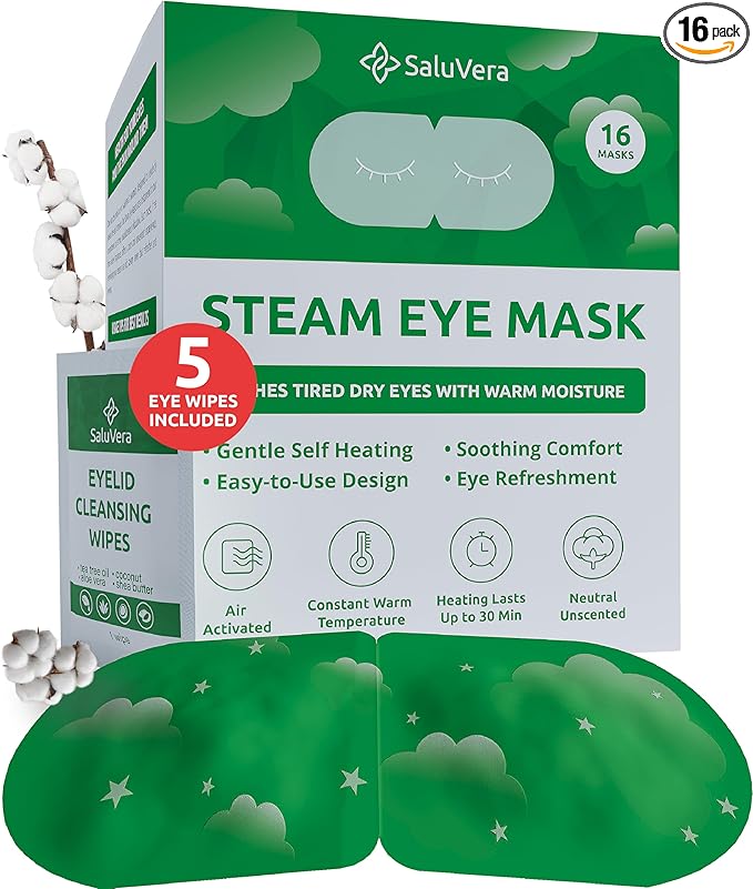 SaluVera Steam Eye Mask for Dry Eyes with 5 Eyelid Cleansing Wipes, Self Heating Eye Compress for Dry Eyes, Soothe and Relax with 40-50 min Spa Eye Mask, Self Warming Eye Masks for Well-Being 16 pcs