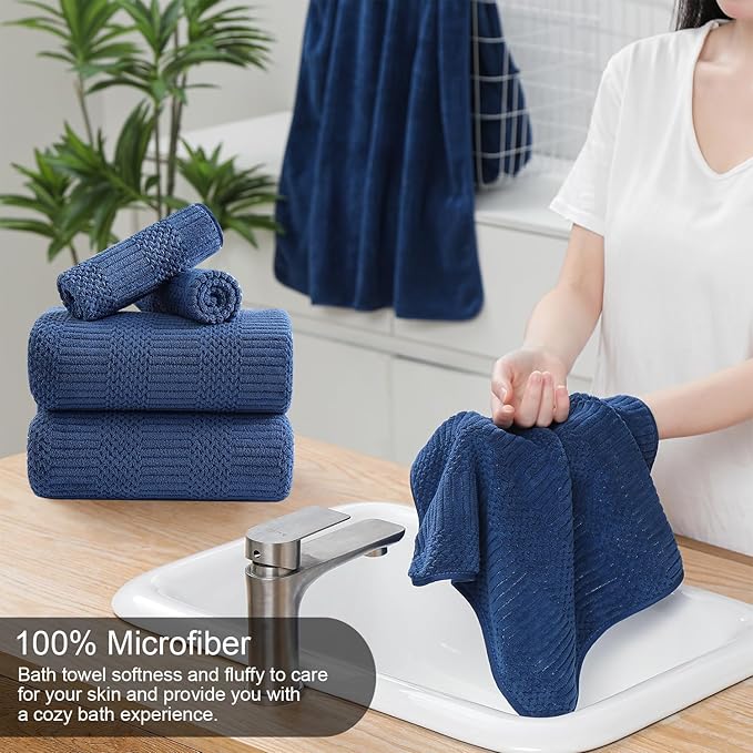 8 Piece Bath Towel Set-2 Oversized Bath Sheets(35"x70"),2 Hand Towels,4 Washcloths-Extra Large Microfiber Towel Sets,Less Lint Highly Absorbent & Quick Dry Bath Towels for Bathroom Gym Pool,Navy