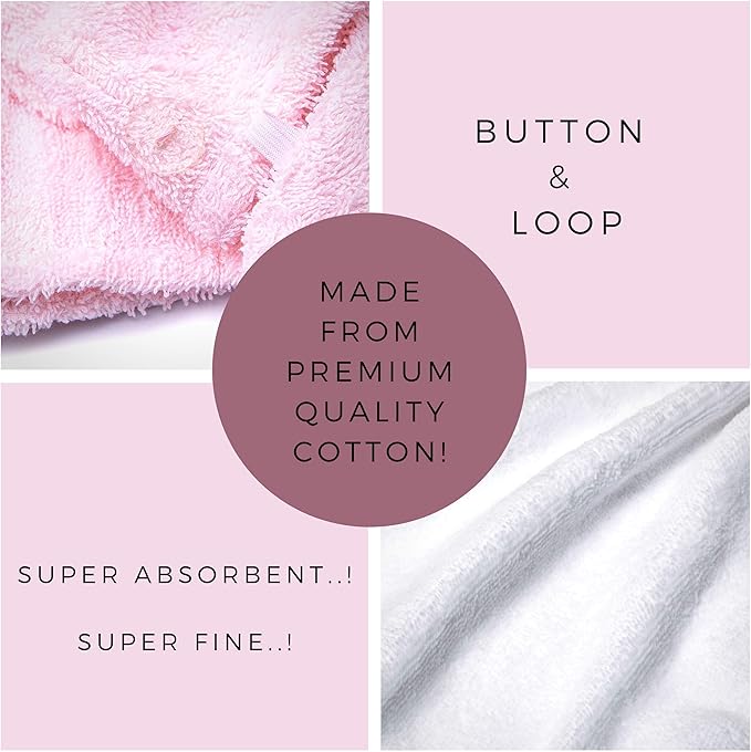 KEEPOZ Hair Towel Wrap Quick Dry 100% Cotton Super Absorbent Turban Head Wrap for Women with Button, Non Microfiber Anti Frizz Hair Cap for Curly, Long & Thick Hair (Pink+White, 2 Pcs)