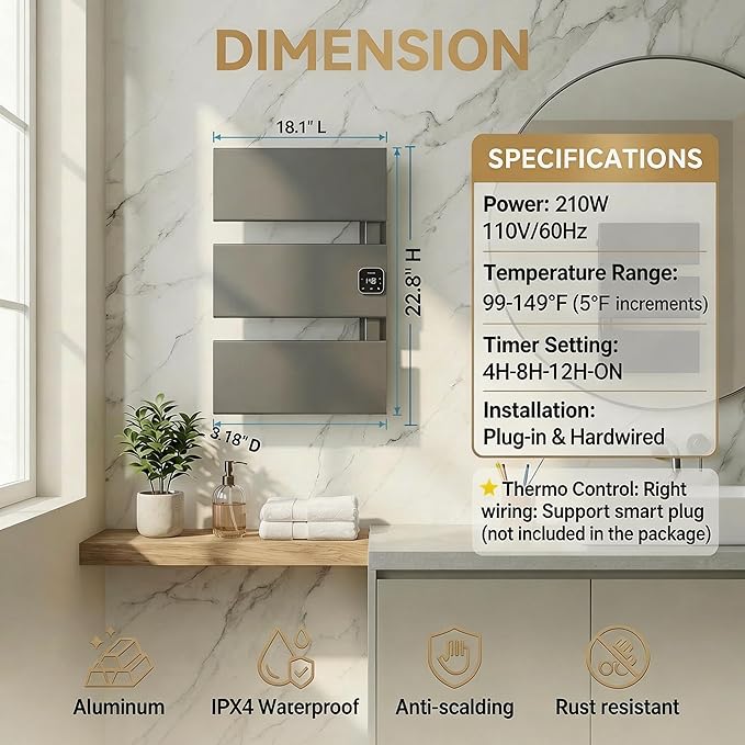 Electric Towel Warmer, Heated Towel Rack with Thermo Control and Timer, Fast Heating Towel Rail for Bathroom with Memroy Function, Work with Smart Plug, Right-Wiring, 3 Panel, Gun Gray