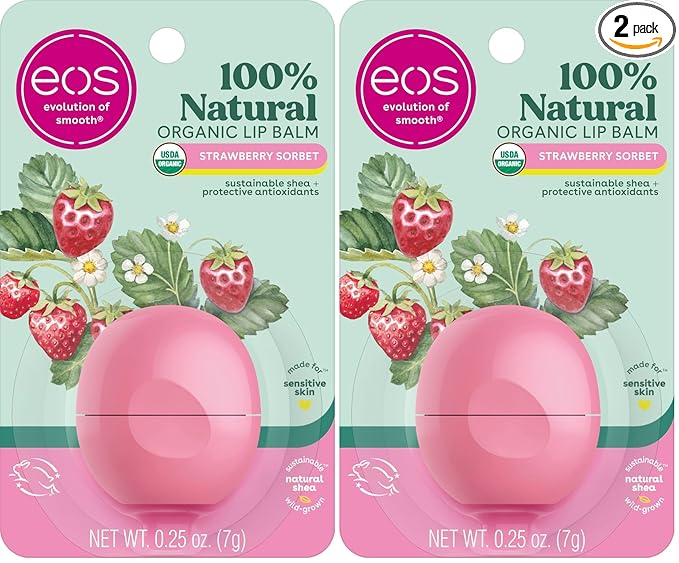 eos 100% Natural & Organic Lip Balm- Strawberry Sorbet, All-Day Moisture, Dermatologist Recommended for Sensitive Skin, Lip Care Products, 0.25 oz (Pack of 2)