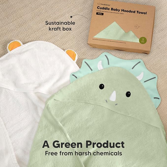KeaBabies Hooded Baby Towel for Newborn - Viscose Derived from Bamboo Large Baby Bath Towels with Hood for Boys, Girls, Toddler, Extra Absorbent & Soft Newborn Bath Essentials (Triceratops, Petite)