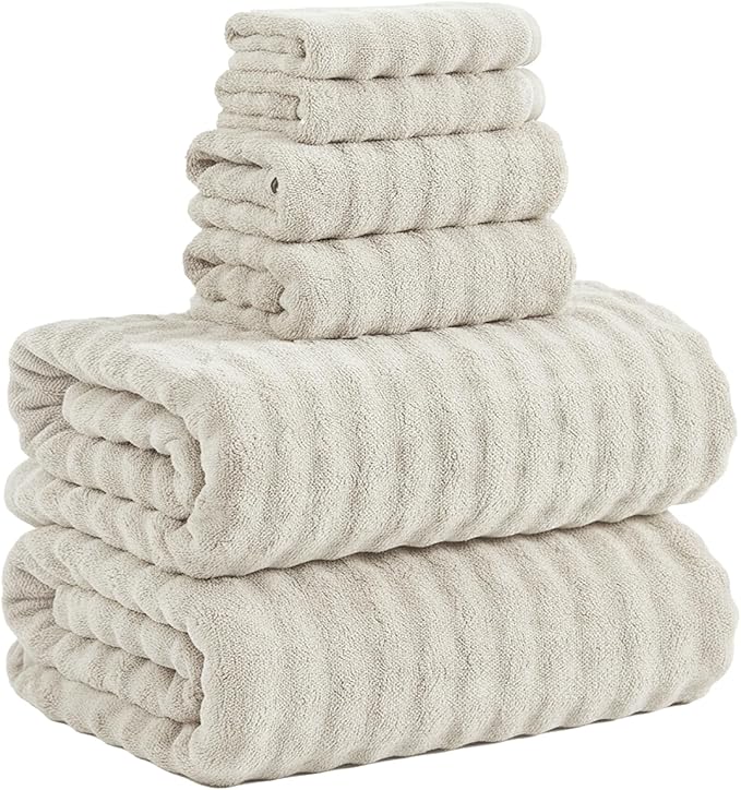 KBY Bath Towels Set 6 Piece 40x80 Inches，2 Extra Large Bath Sheets 2 Hand Towels 2 Washcloths，Highly Absorbent Quick Dry Microfiber,Ultra Soft Towel Set for Bathroom，Spa，Gym， Hotel (Cream)