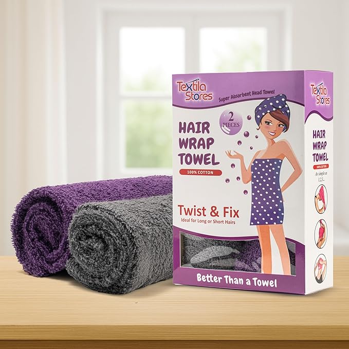 Textila 100% Cotton Hair Wrap Towels for Women (Pack of 2, Plum & Grey) – Soft & Absorbent Turban Towels for Long, Curly, Frizz-Prone Hair