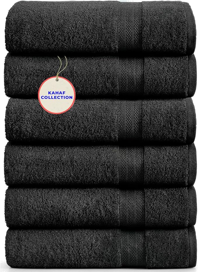KAHAF COLLECTION 100% Cotton Bath Towels, 24x48 Pack of 6 Towels, Quick Dry, Highly Absorbent, Soft Feel Towel, Gym, Spa, Bathroom, Shower, Pool, Luxury Soft Towels (Black, 24x48-6 Pack)
