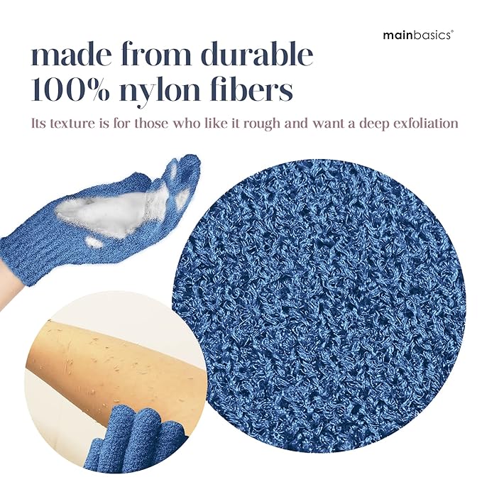 MainBasics Deep Exfoliating Bath Gloves - Heavy-Textured Nylon Shower Scrub for Dead Skin Removal - Machine Washable (1 Pair, Pigeon Blue)