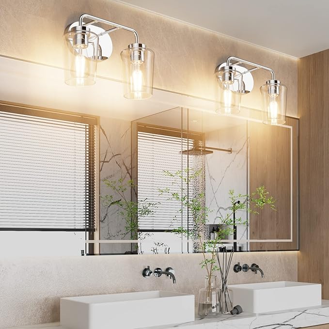 Tipace Chrome Vintage Bathroom Vanity Light,2 Lights Modern Stainless Steel with Clear Glass Bathroom Light Fixtures Industrial Wall Mount Lighting Sconce(Exclude Bulb)