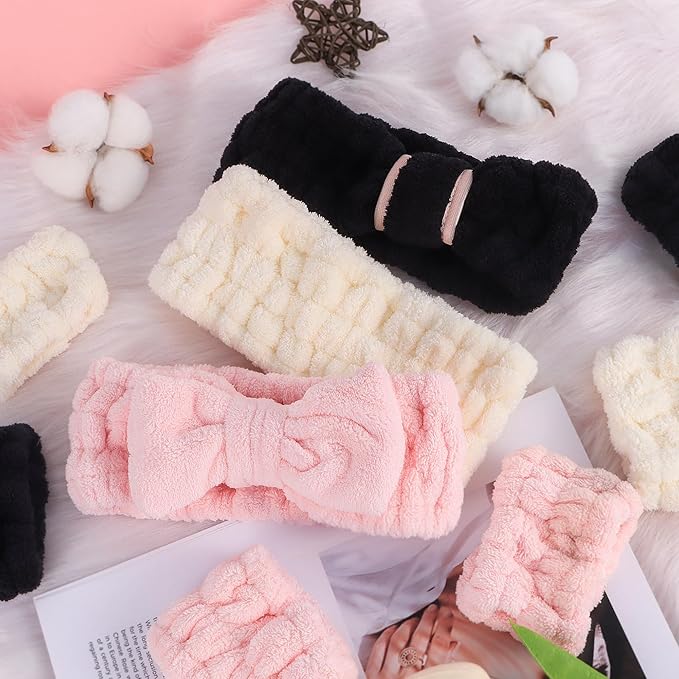 DiyJibb 9 Pcs Spa Headband for Washing Face,Skincare Headband and Wristband Set,Women Teen Girls Facial Hairbands for Washing Face, Makeup, Sports, Yoga (pink+apricot+black)