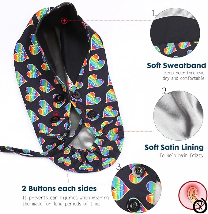 Satin Lined Scrub Caps with Buttons & Sweathand, Surgical Caps for Women