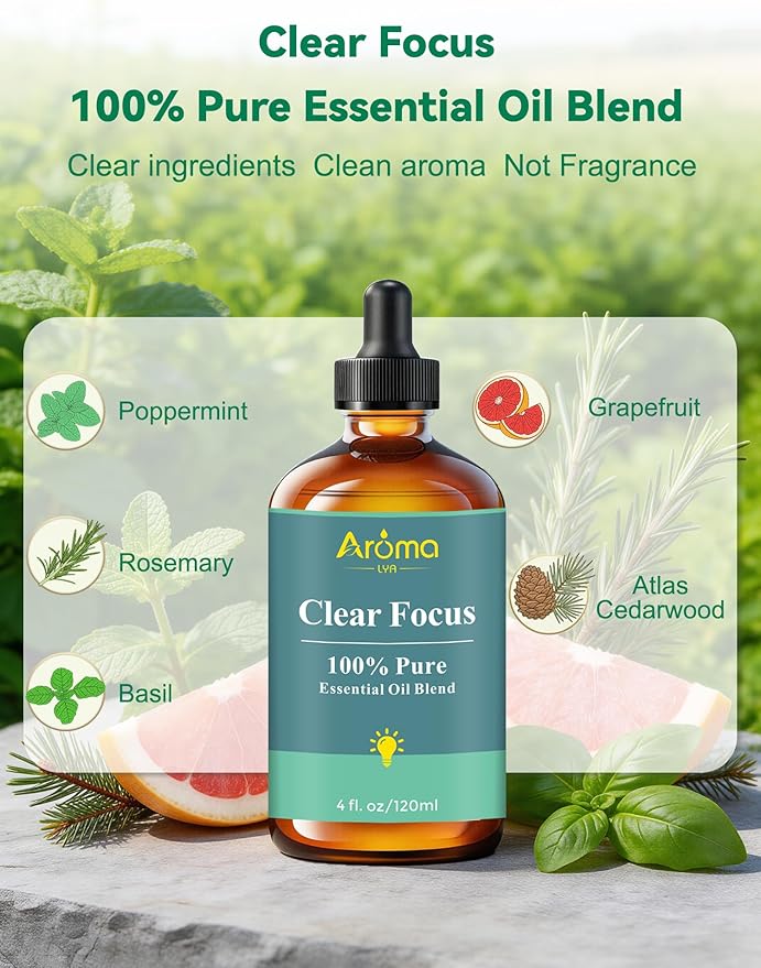 Clear Focus — A 100% Pure Essential Oil Blend, Cool-Citrus Herbal Blend that Keeps The Mood Alert and Focused, Fresh—Never Tense, Essential Oils for Diffusers for Home