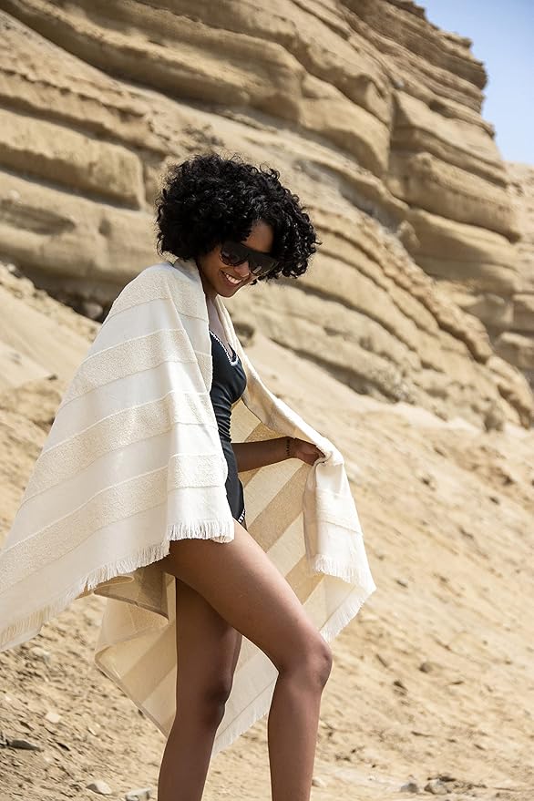 Lightweight Turkish Beach Towel - 100% BCI Cotton, Unbleached Raw Fringe, Oeko-TEX Certified, Absorbent, Eco-Friendly, 36x66”, Natural Stripes, Portable Sarong Blanket for Pool, Travel