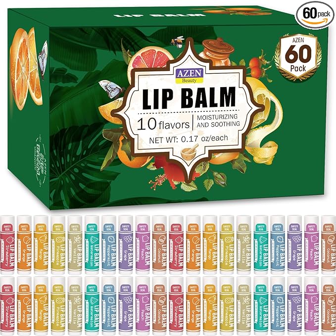 AZEN 60 Pack Lip Balm, Natural Lip Balm Bulk, Lip Care Product, Moisturizing Lip Balms for dry cracked lips, Mothers Day Gifts Easter Basket Stuffers - 10 Flavors