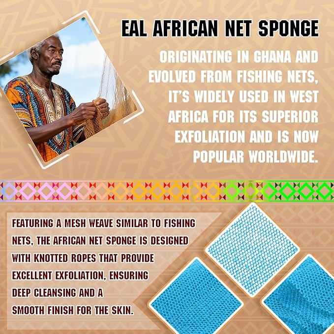 African Net Sponge (4-Pack) - Premium Exfoliating Body & Face Scrubber, Travel-Ready, Durable, Gentle Exfoliation Tool(Light Purple,Gray,Sky Blue,Brown)