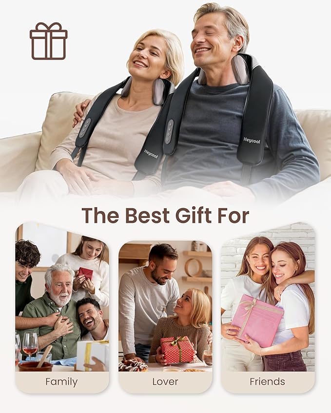 Heycool Cordless Neck Massager with Heat, Shiatsu Neck Shoulder Massager for Pain Relief Deep Tissue, 2 Heating Areas, 3 Modes Kneading Back Massager Presents/Gifts for Women, Men